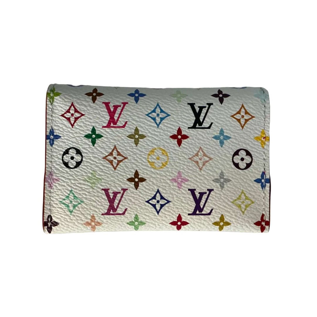 Louis Vuitton x Takashi Murakami Slim Card Holder – Multicolor White showcasing vibrant Monogram pattern on white canvas.