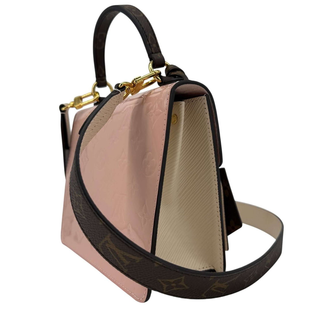 Louis Vuitton Vernis Spring Street Rose Ballerine Bag | LuxLoveLouis side view showcasing patent leather and Epi leather.