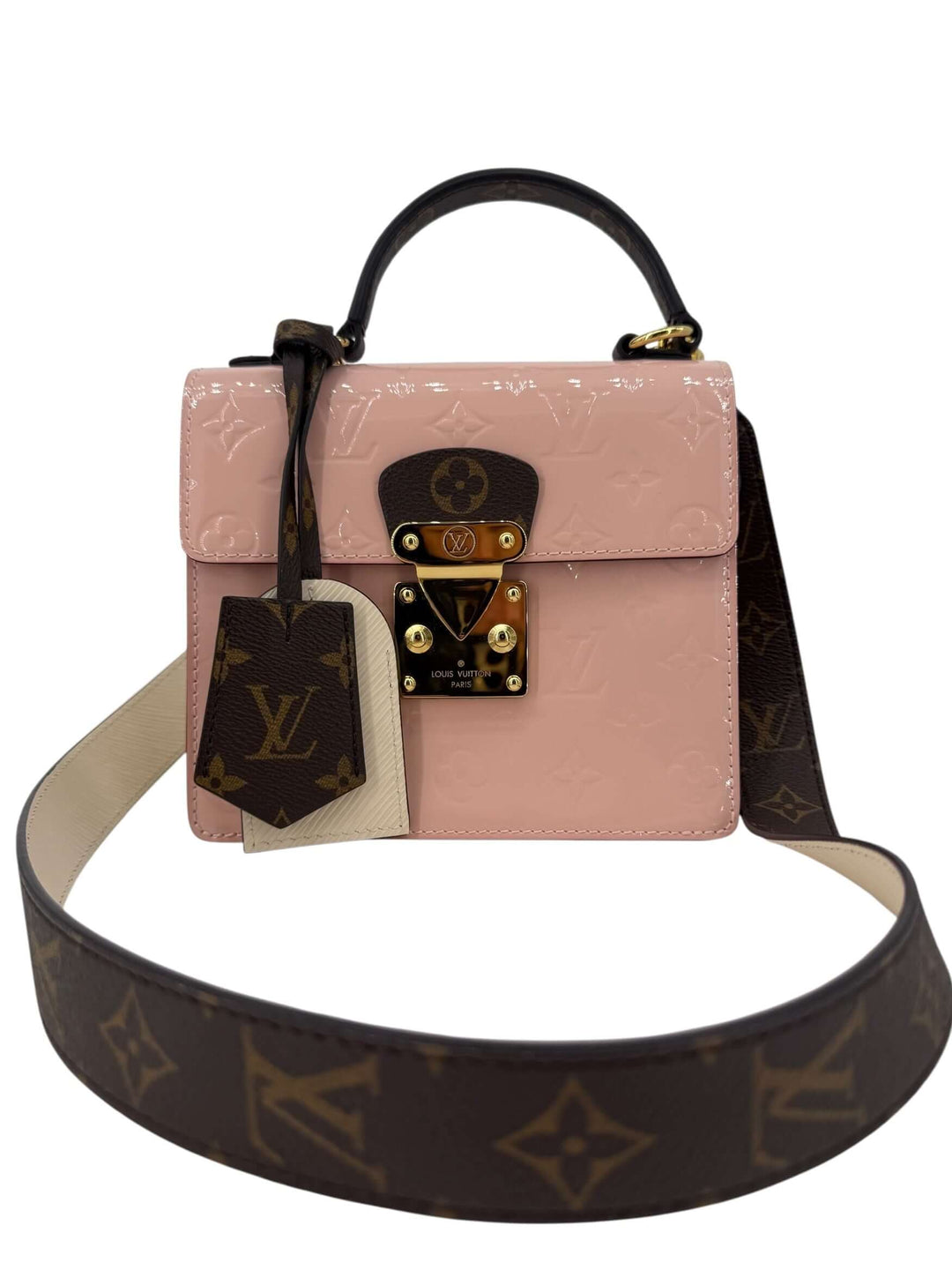 Louis Vuitton Vernis Spring Street Rose Ballerine Bag | LuxLoveLouis featuring monogram patent leather and structured design.