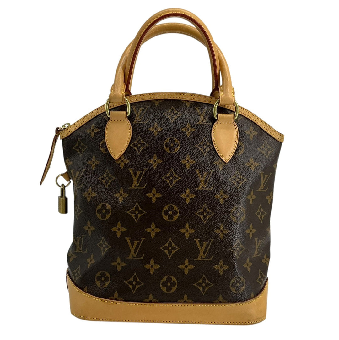 Louis Vuitton Monogram Lockit PM M40102 front with natural leather handles and padlock
