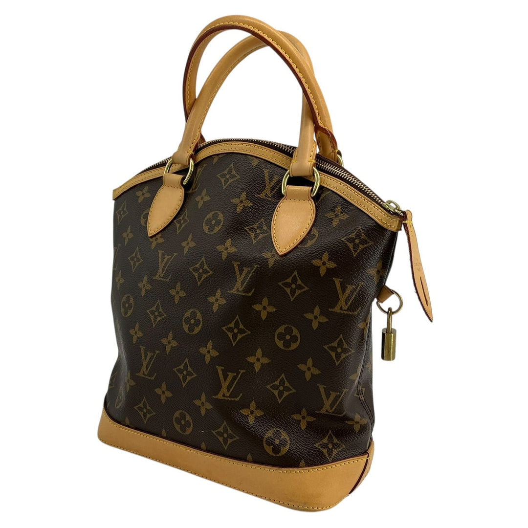  Louis Vuitton Monogram Lockit PM angled exterior with arched zipper and natural leather trim