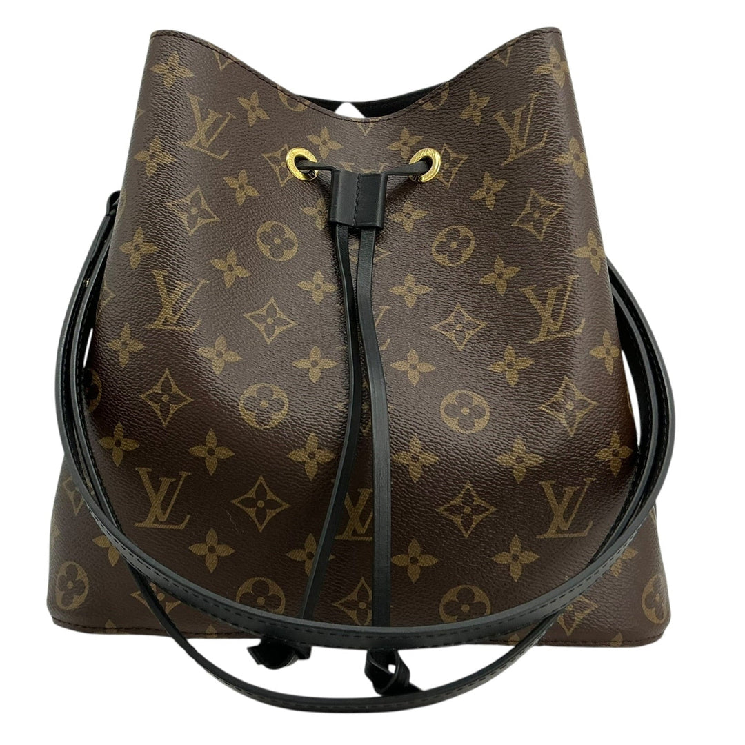 Louis Vuitton Monogram NéoNoé MM Black M44020 front with black leather drawstring and strap.