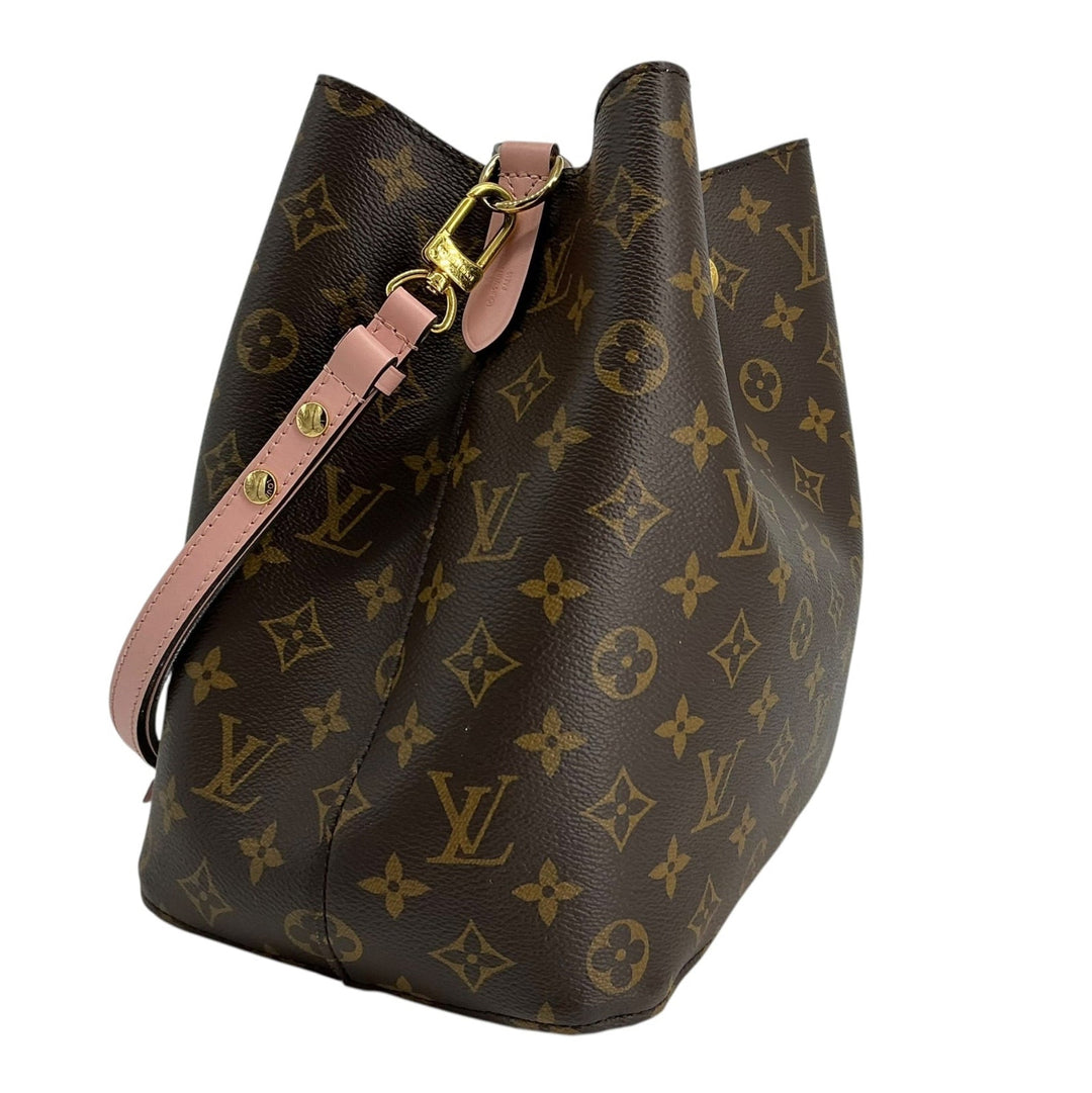 Angled side view of Louis Vuitton NeoNoe MM adjustable pink strap