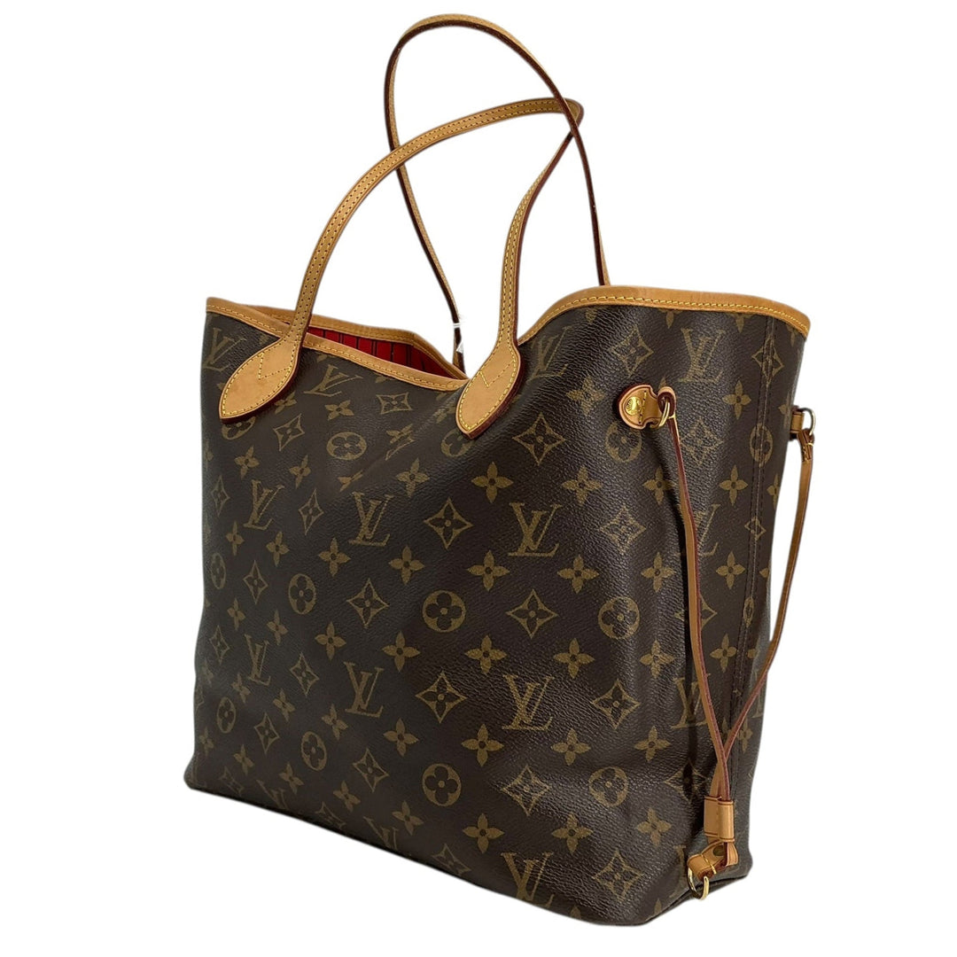 A Louis Vuitton Neverfull tote bag in the classic brown monogram canvas, featuring tan leather handles and trim, shown against a plain white background.
