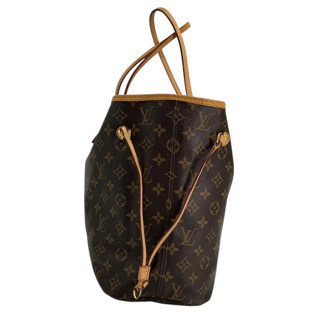 A Louis Vuitton Neverfull tote bag in brown monogram canvas with tan leather trim and handles, shown against a plain white background.