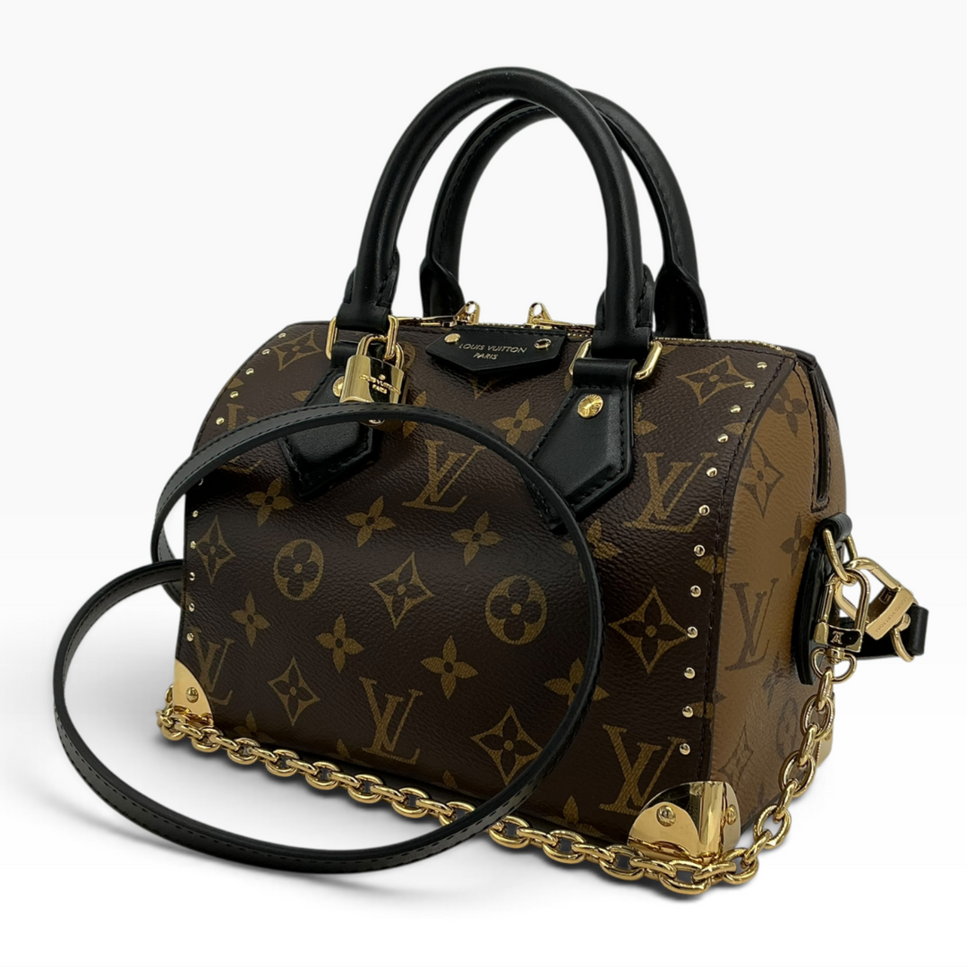 Louis Vuitton Speedy Trunk 20 M13146 Monogram front exterior with black leather trim and gold hardware