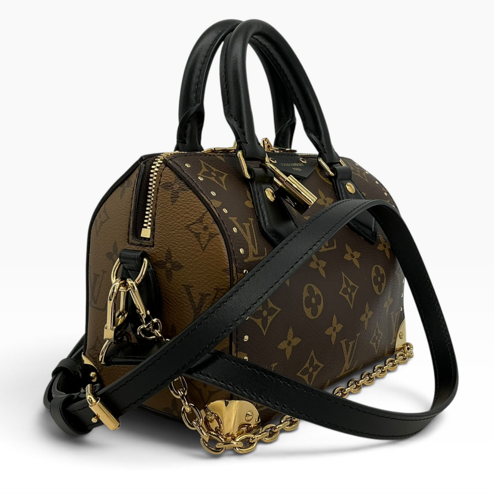 Louis Vuitton Speedy Trunk 20 Monogram side profile with removable black leather strap