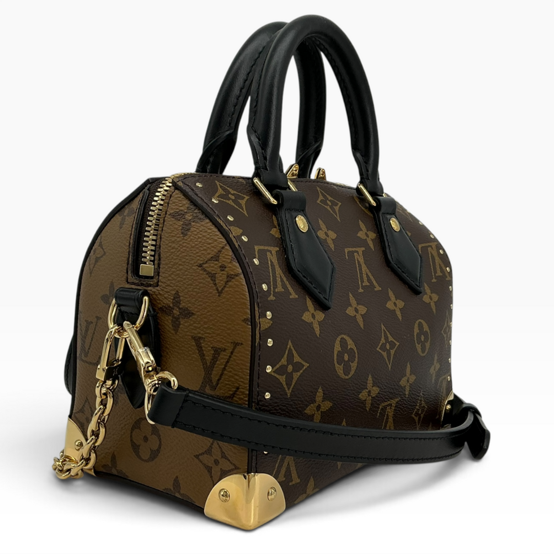 Louis Vuitton Speedy Trunk 20 front exterior with removable strap and gold-tone chain