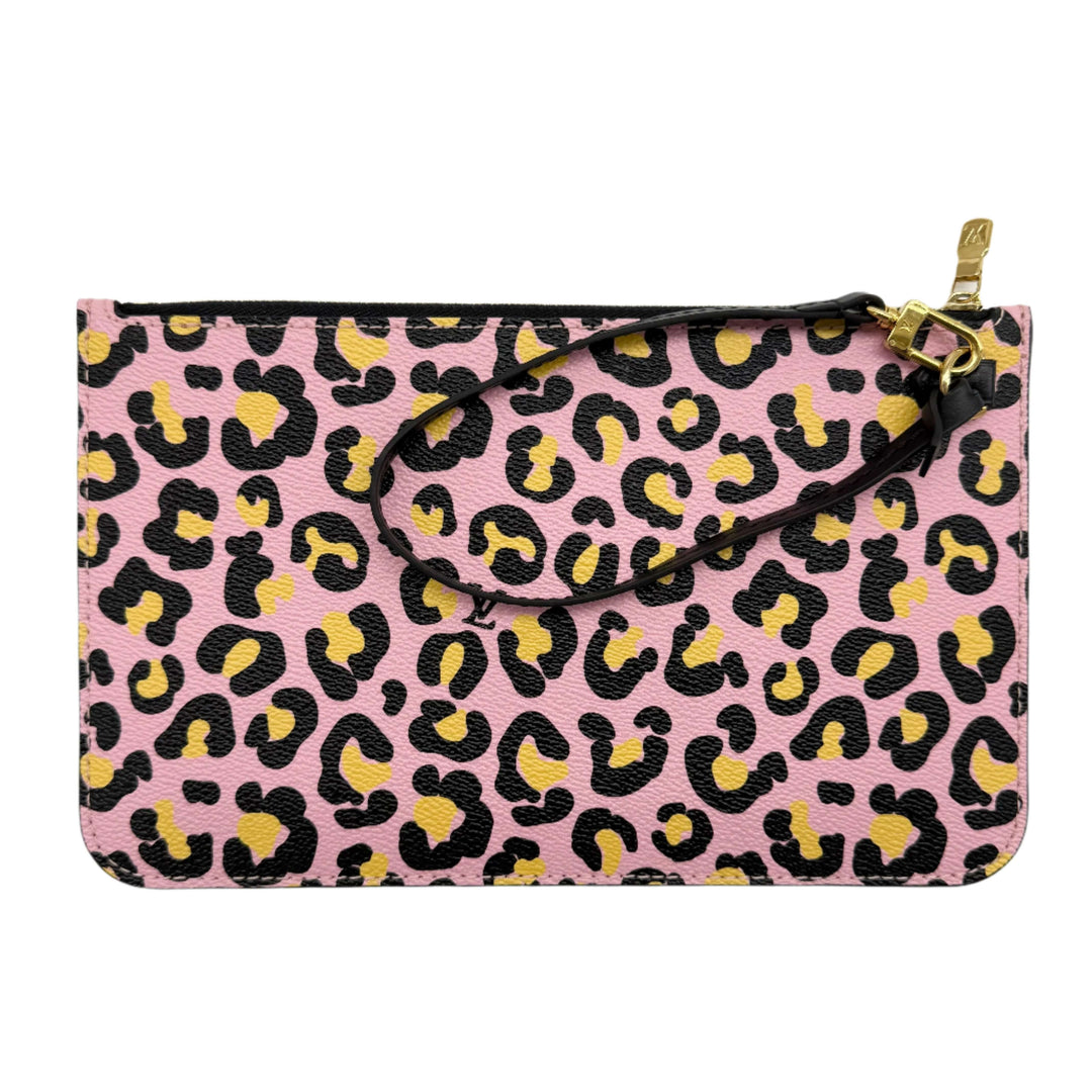 Leopard print clutch purse in pink, featuring black and yellow spots, with a wrist strap and zipper closure.