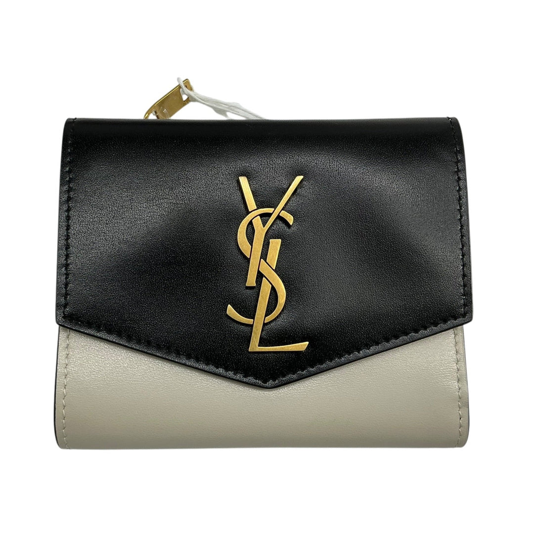 Saint Laurent Cassandre Compact Wallet black and light neutral leather front with gold YSL hardware