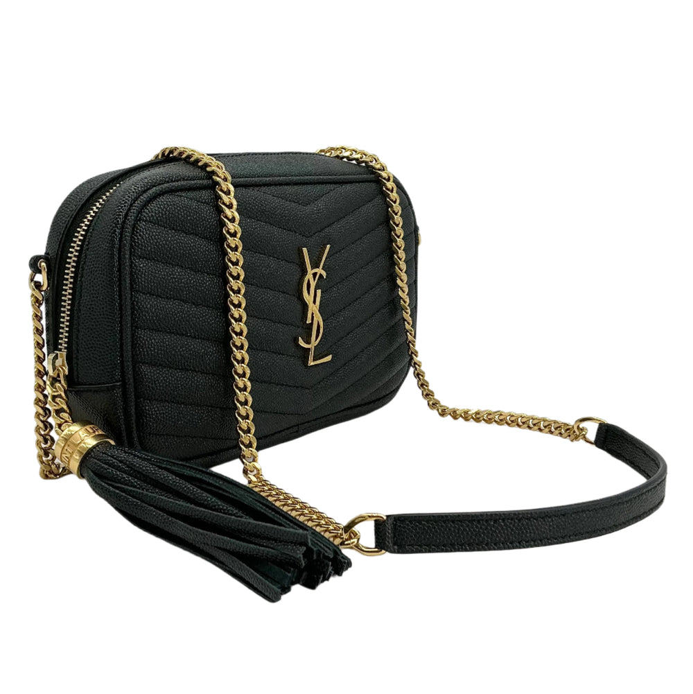Saint Laurent Grain De Poudre Matelassé Mini Lou Camera Bag in black with gold-tone YSL monogram and tassel detail.