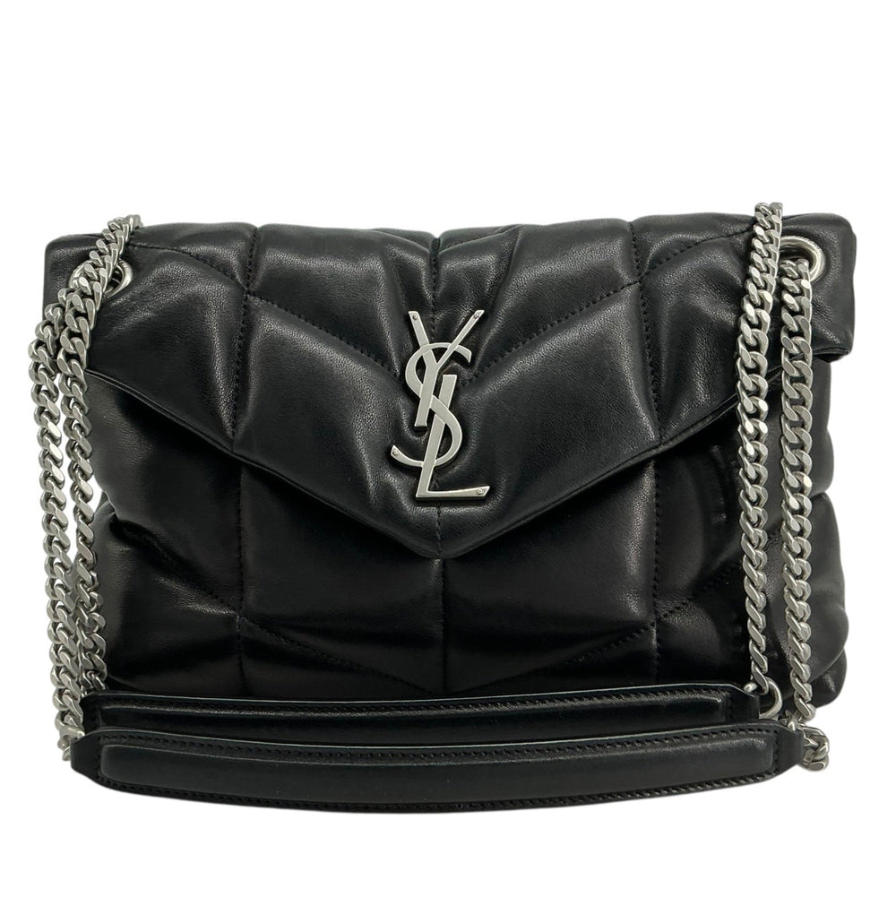 Saint Laurent Medium Loulou Puffer Bag black lambskin front with silver YSL hardware