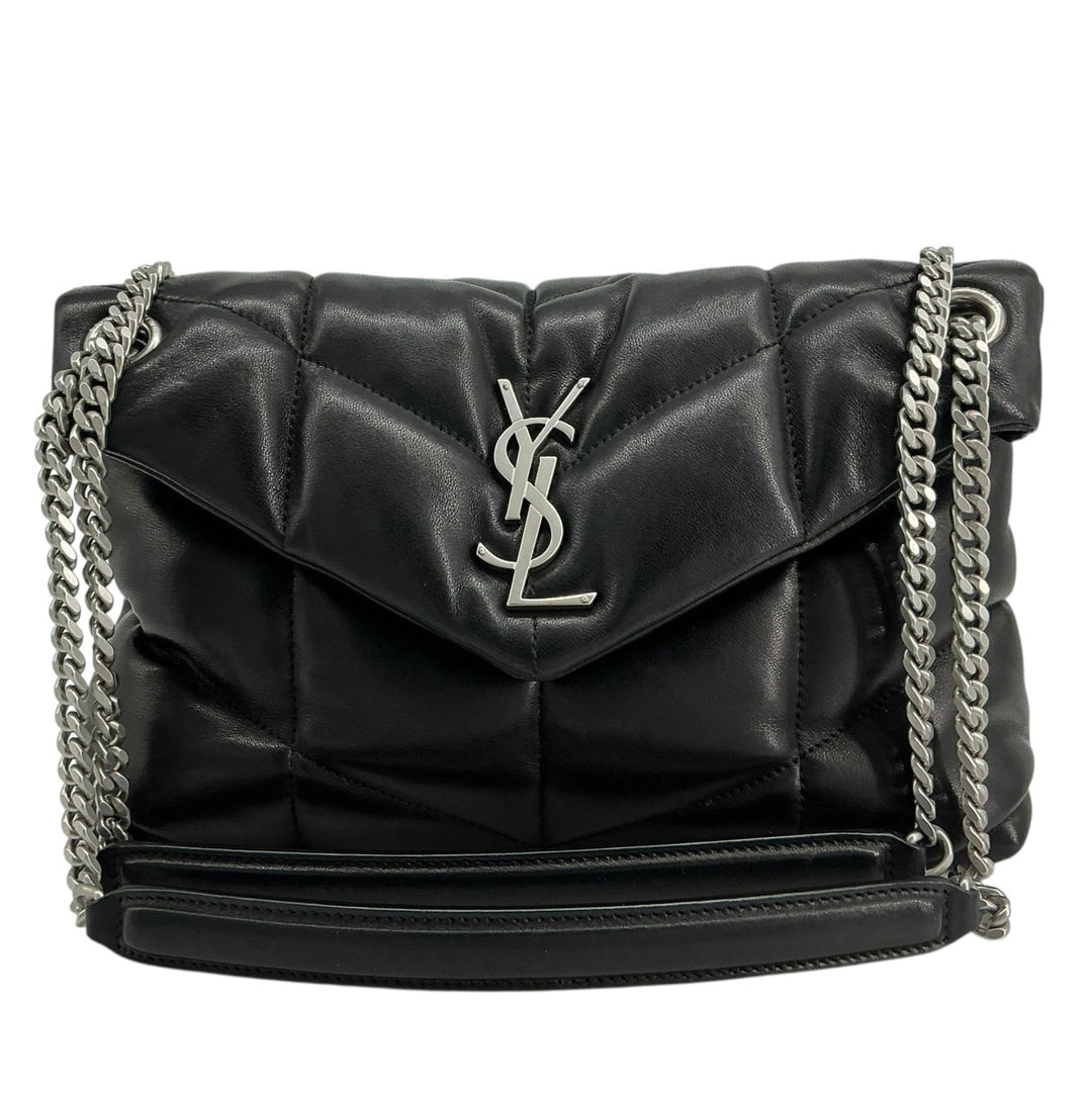 Saint Laurent Medium Loulou Puffer Bag black lambskin front with silver YSL hardware