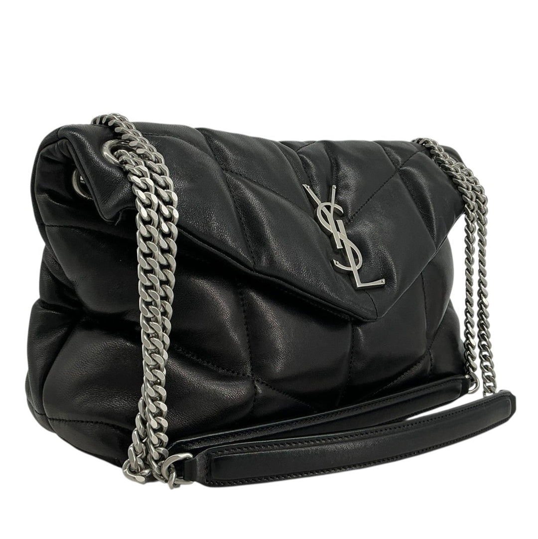 Saint Laurent Medium Loulou Puffer black lambskin angled front and chain strap