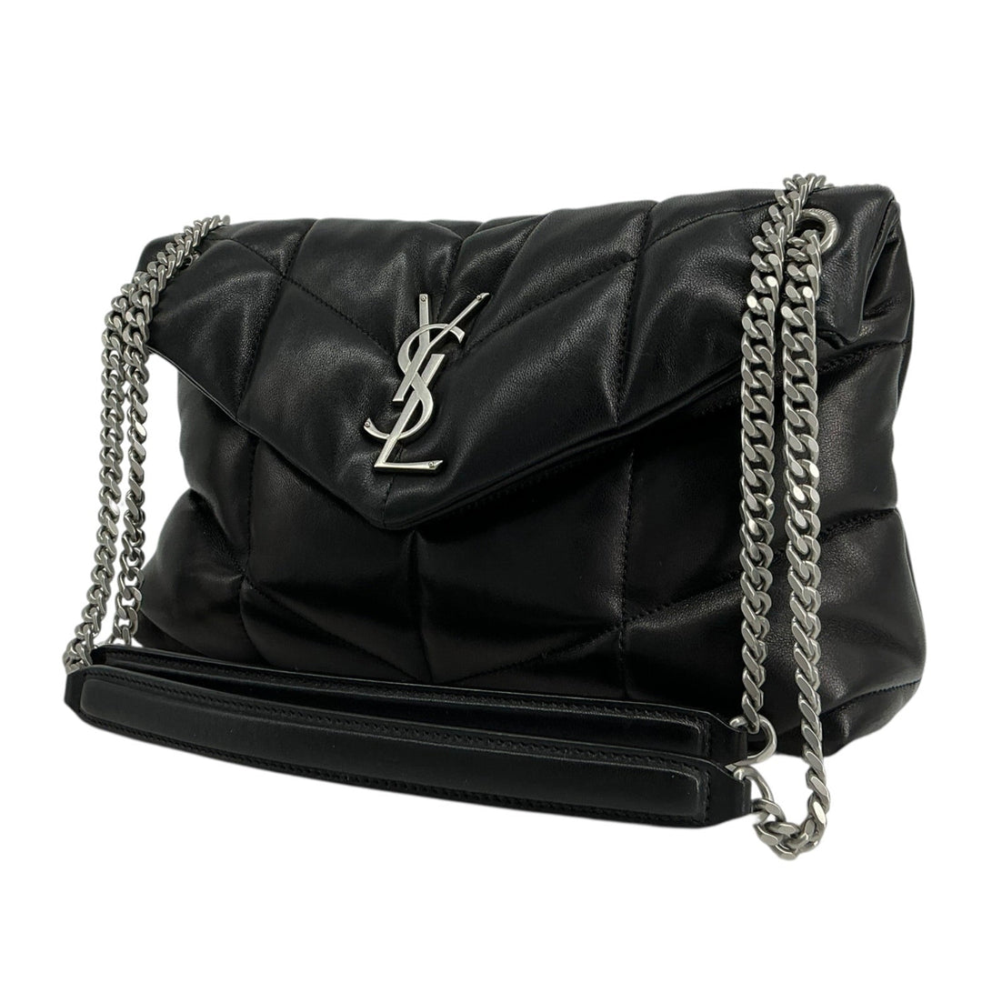 Saint Laurent Medium Loulou Puffer black lambskin angled exterior with silver chain