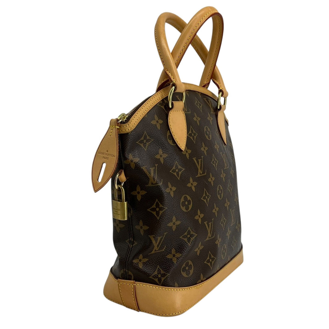 Louis Vuitton Lockit PM M40102 side profile with Monogram canvas natural leather base and padlock